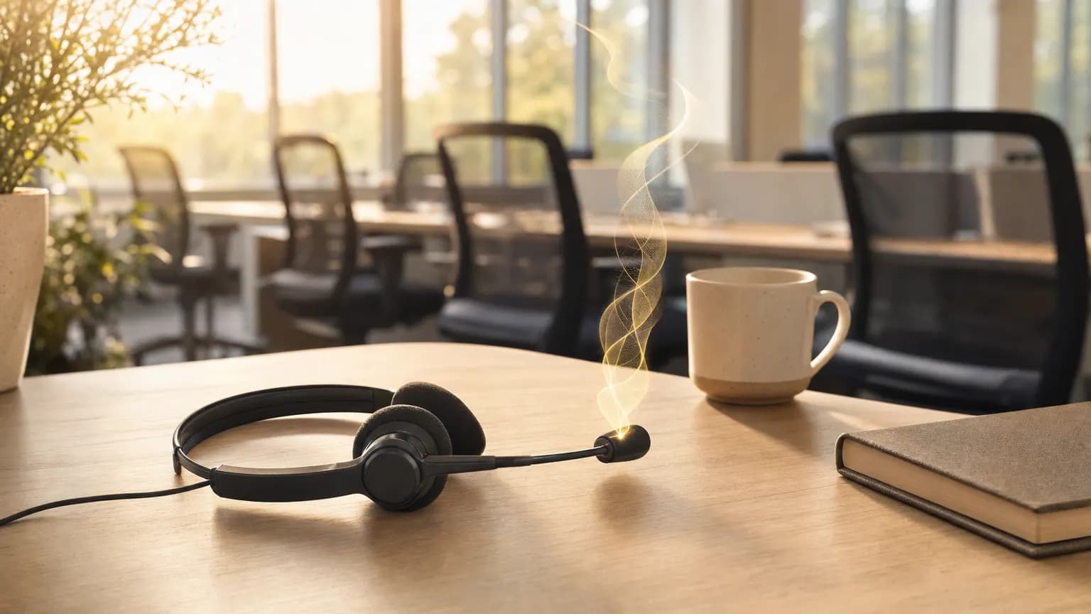 Ein schwarzes Telefon-Headset auf einem sonnigen Eichenschreibtisch neben einer Tasse und einem Notizbuch, aus dessen Mikrofon ein Band aus goldenem Licht aufsteigt