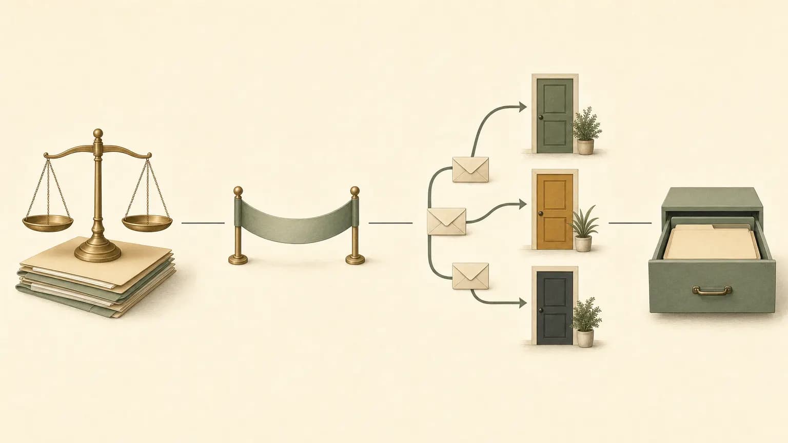 A brass balance on a stack of folders, a green ribbon between two posts, three envelopes travelling to three different doors and an open filing drawer, joined by a line.