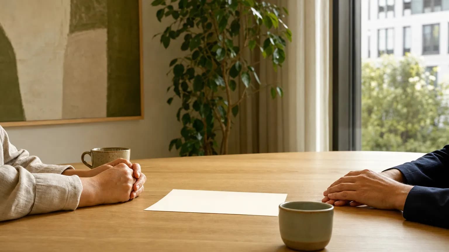 Two people's clasped hands rest on opposite sides of a light oak table, with a blank cream sheet and two ceramic cups between them in a sunlit room.