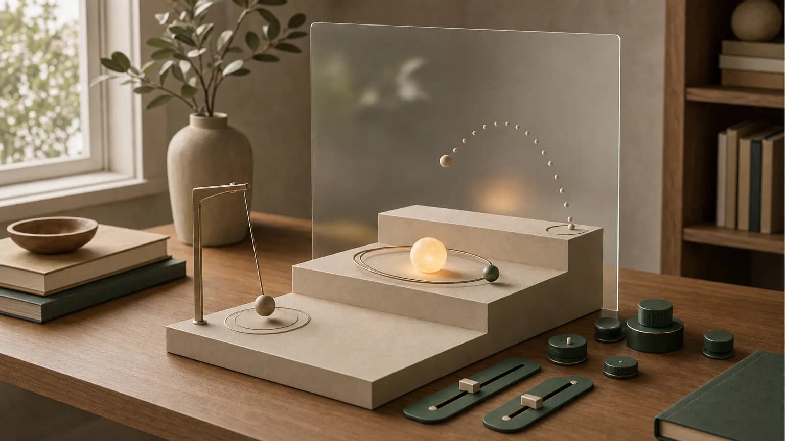 Clay pendulum, orbiting planet and dotted ball arc on stepped platforms beside a frosted glass panel on an oak desk