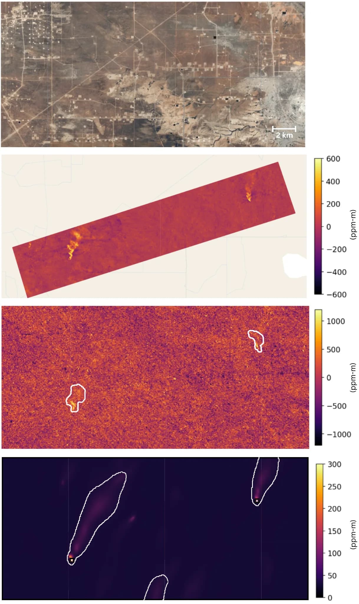 Vier übereinanderliegende Bildfelder, die eine RGB-Szene mit Methananreicherungskarten von AVIRIS-3, NASA L2B und MAPL-EMIT vergleichen