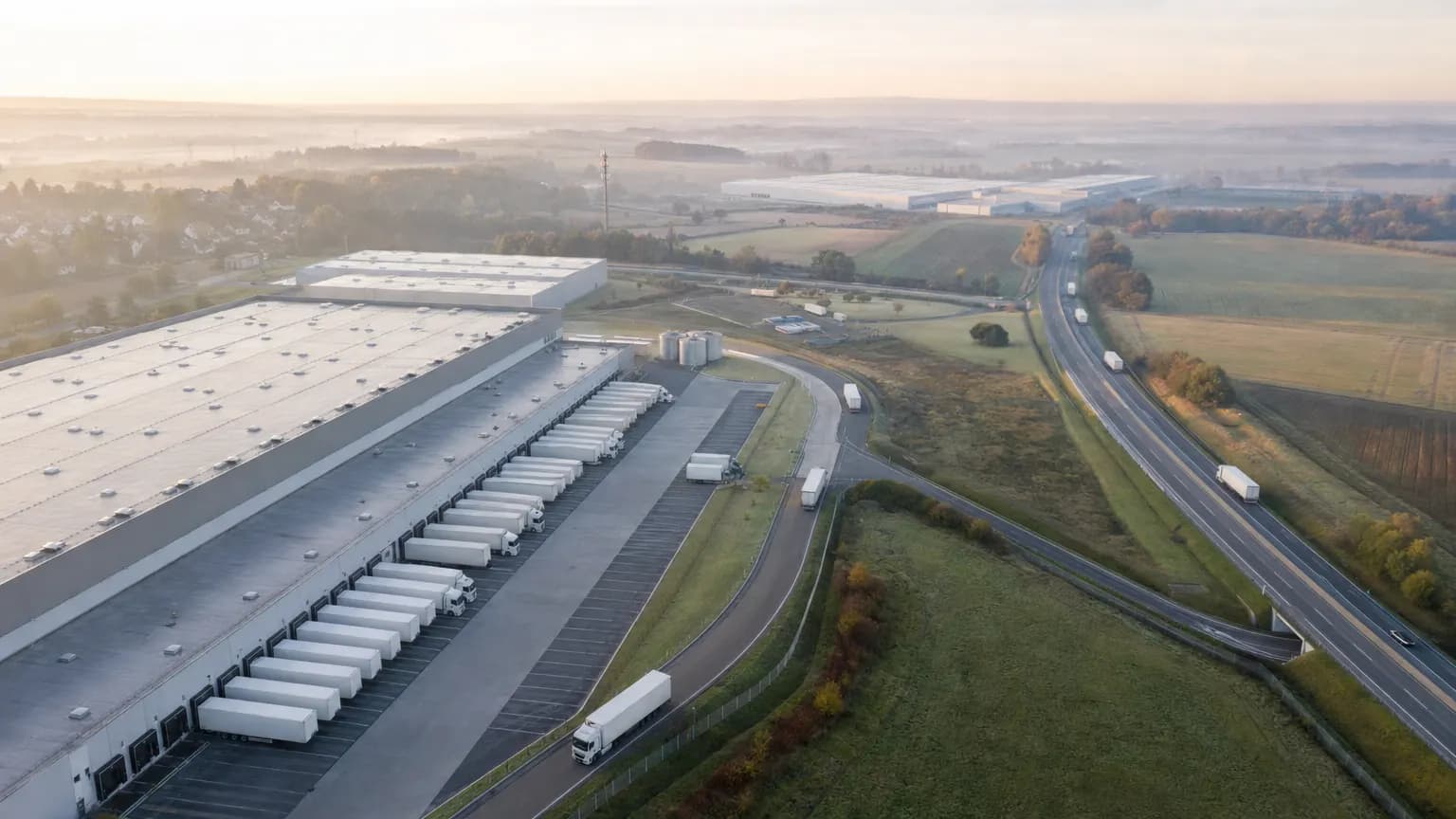 Aerial view at sunrise of a freight distribution centre with trucks at its loading docks and a motorway leading to a second logistics hub.