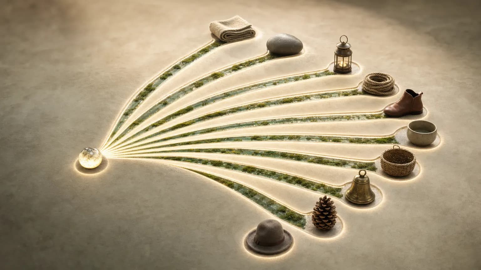 A glowing sphere on a sand-coloured surface with ten moss-lined paths fanning out to different everyday objects