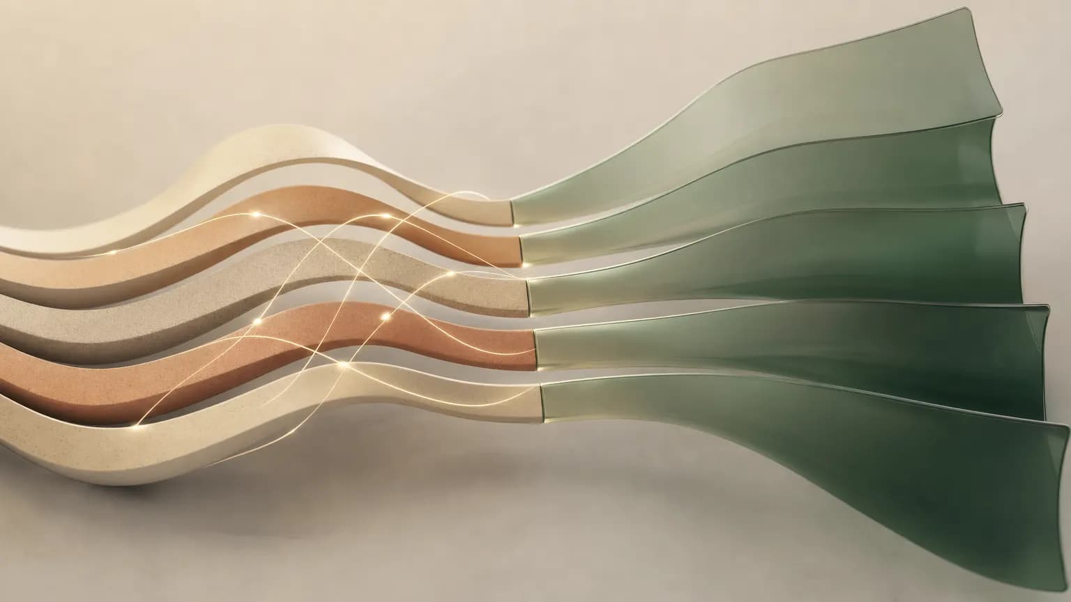 Warm-toned ribbons flowing side by side, linked by glowing threads, then fanning out into translucent green bands on the right