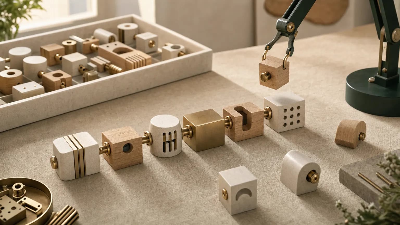Modular blocks of stone, oak and brass joined into a chain on a linen workbench as a green robotic arm lowers the next block