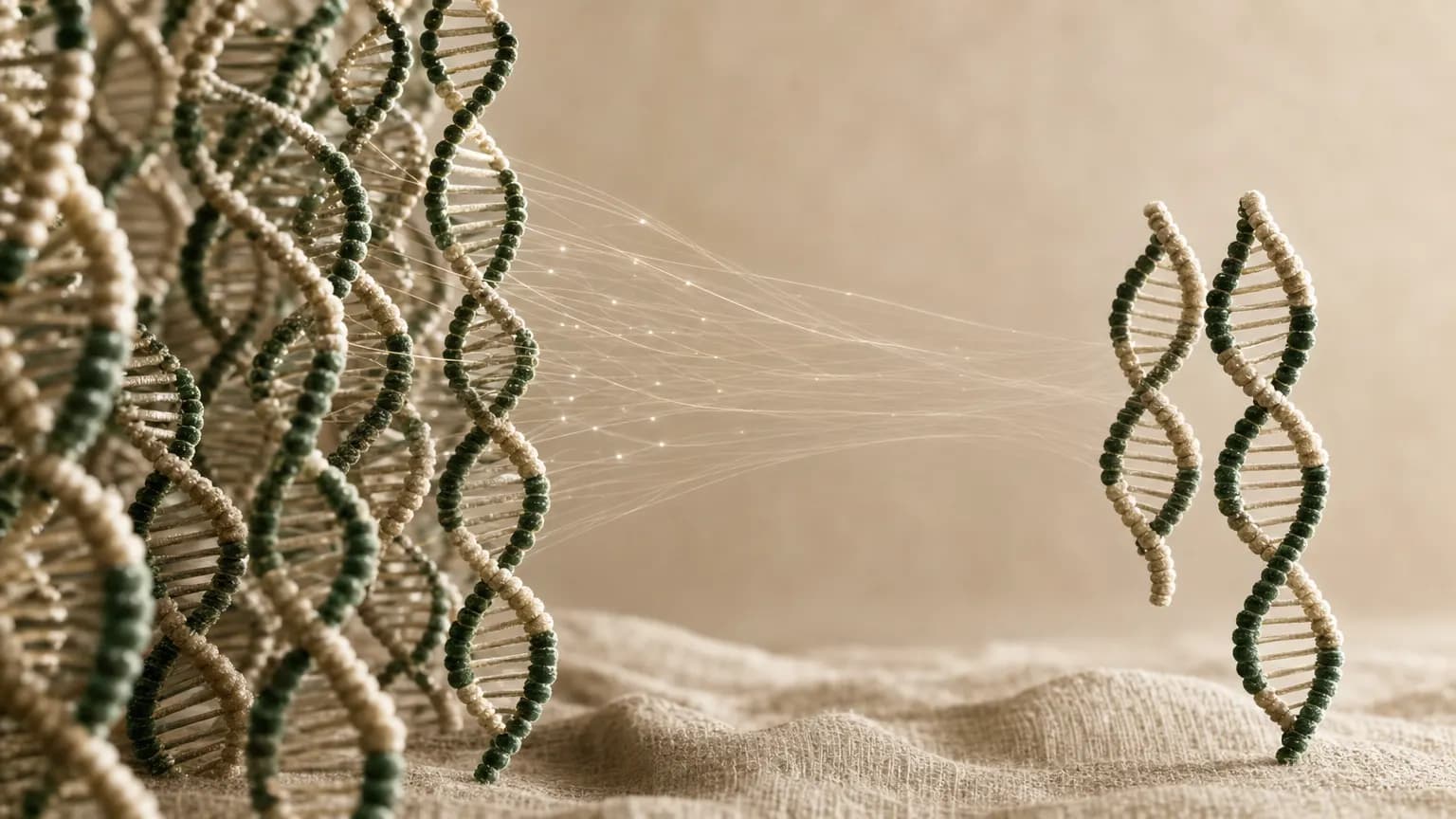 A dense cluster of green and cream DNA helices on the left sends fine threads of light across to two small helices standing on warm linen.