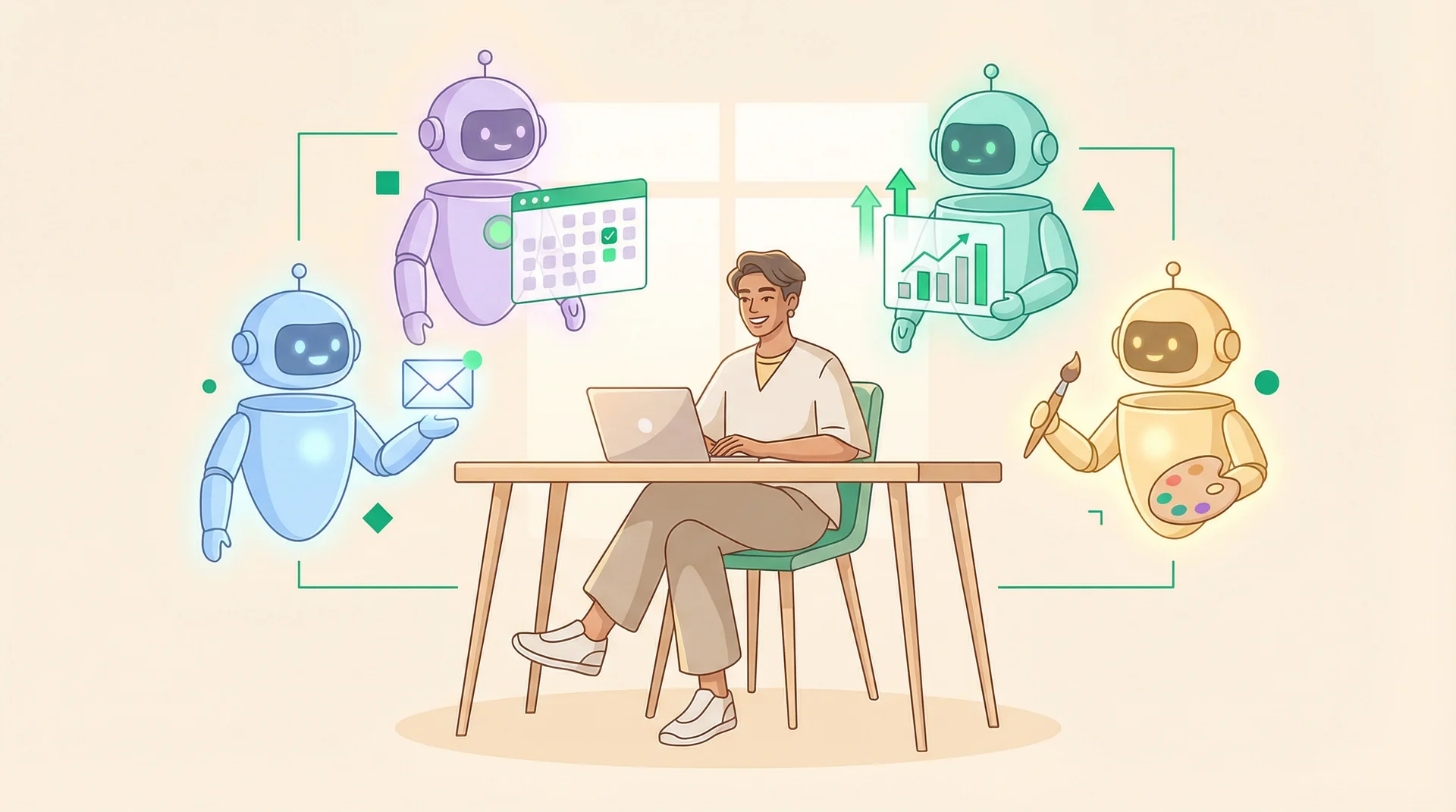 A confident solopreneur at a clean desk surrounded by four colorful AI assistant holograms handling email, calendar, analytics, and design tasks — emerald green accents on a warm cream background