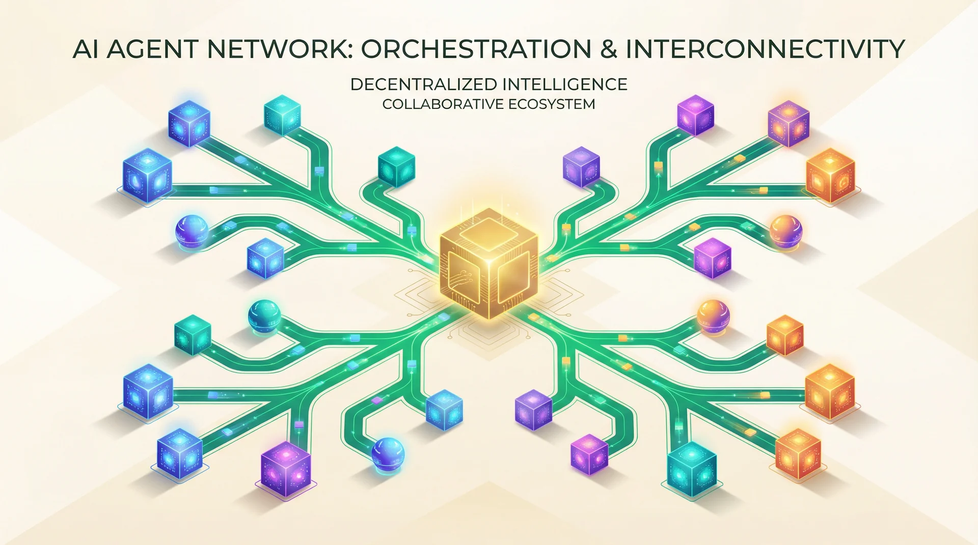 Network diagram of interconnected AI agent nodes with emerald green connection lines routing tasks between specialist agents, with a central orchestrator node managing the workflow